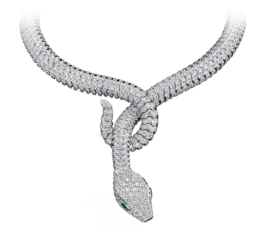 Divine Serpent High Jewelry Necklace in 18k white gold, set with 100 carats of diamonds and 2 marquise emeralds - Divine Serpent - Tabbah Jewelry