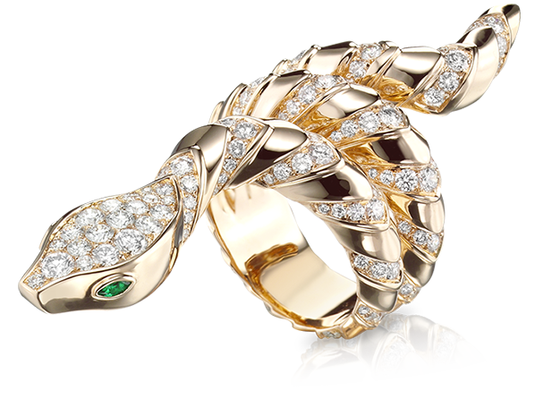 Divine Serpent Scaled Ring in 18K rose gold with diamonds and emeralds - Divine Serpent - Tabbah Jewelry