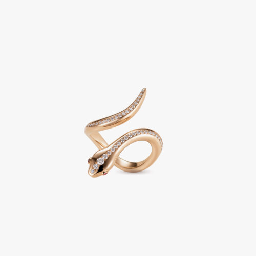Reptilia Snake Ring in Rose Gold Pavé Diamonds with Marquise Rubies Eyes