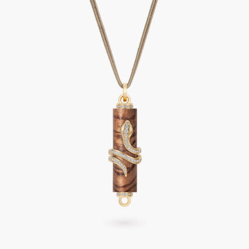 Snake Touch Pendant in Yellow Gold and Zingana Wood with Pavé Diamonds