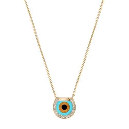 Horseshoe Eye Necklace in Yellow Gold, Turquoise, Onyx and Tiger's Eye with Pavé Diamonds, Large