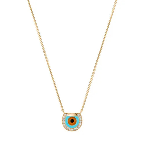 Horseshoe Eye Necklace in Yellow Gold, Turquoise, Onyx and Tiger's Eye with Pavé Diamonds, Small