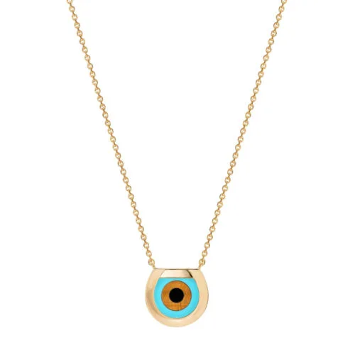 Horseshoe Eye Necklace in Yellow Gold, Turquoise, Onyx and Tiger's Eye, Large