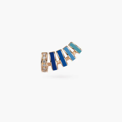 B-Glam Chromatic Single Ear Cuff in Yellow Gold and Ocean Blue Enamel with Pavé Diamonds, Left Side