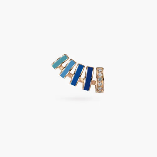 B-Glam Chromatic Single Ear Cuff in Yellow Gold and Ocean Blue Enamel with Pavé Diamonds, Right Side