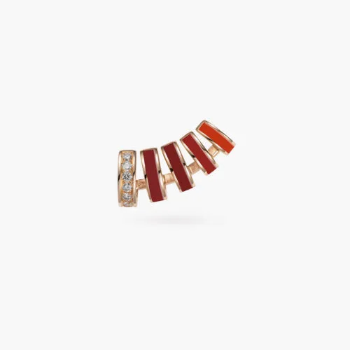 B-Glam Chromatic Single Ear Cuff in Yellow Gold and Red Enamel with Pavé Diamonds, Left Side
